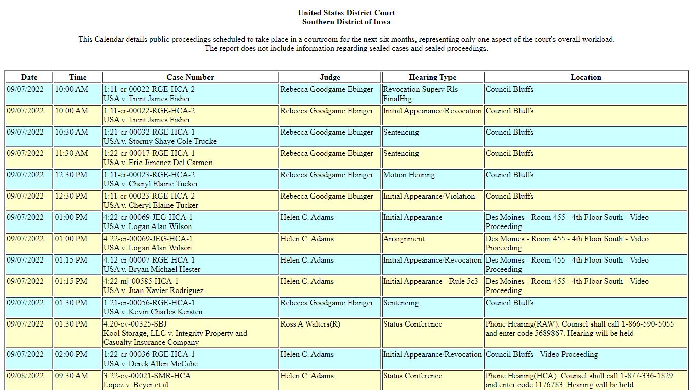 Public Calendar for U.S. District Court - Iowa Southern